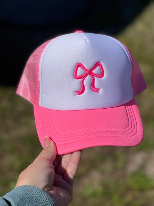 Hot pink Bow Embroidered Hot Pink Trucker Hat
