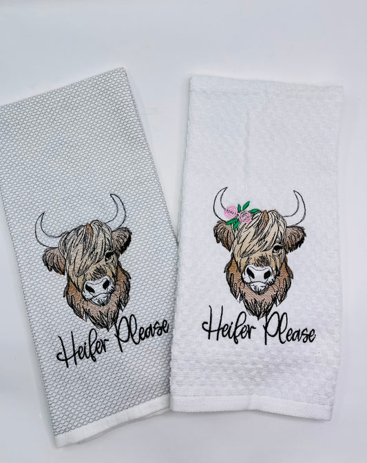 Embroidered Heifer Please- Highland cow kitchen towel